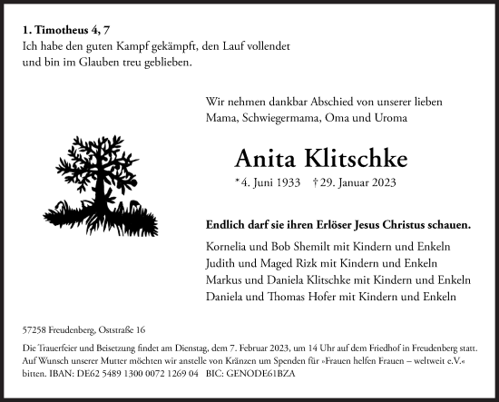 Traueranzeige von Anita Klitschke von Siegener Zeitung