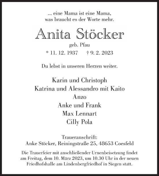 Traueranzeige von Anita Stöcker von Siegener Zeitung