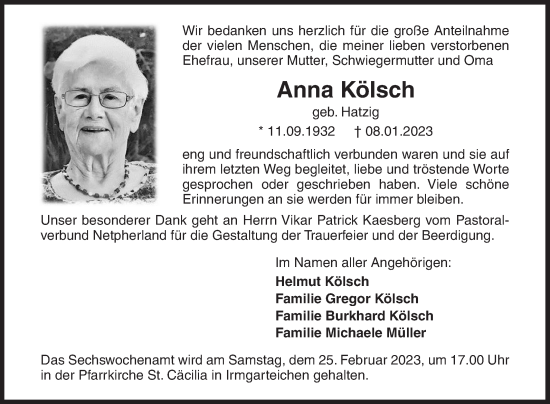 Traueranzeige von Anna Kölsch von Siegener Zeitung