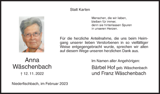 Traueranzeige von Anna Wäschenbach von Siegener Zeitung