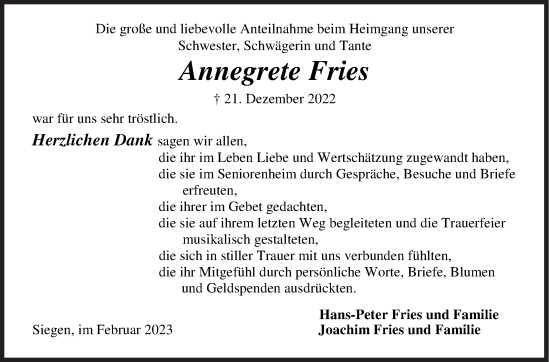 Traueranzeige von Annegrete Fries von Siegener Zeitung