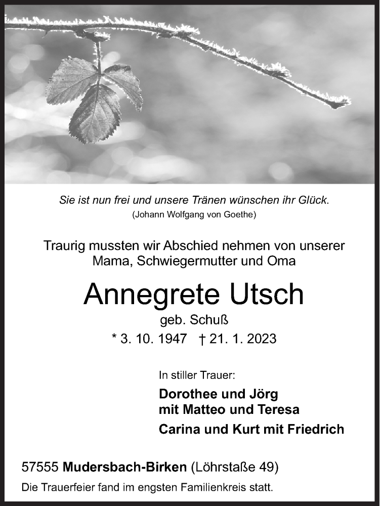  Traueranzeige für Annegrete Utsch vom 01.02.2023 aus Siegener Zeitung
