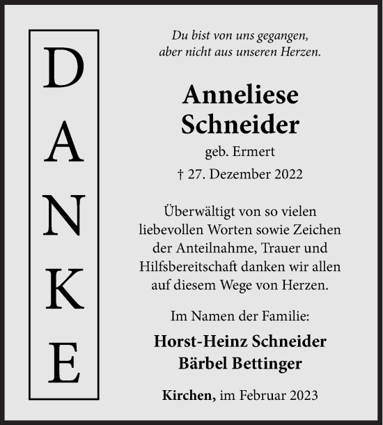 Traueranzeige von Anneliese Schneider von Siegener Zeitung