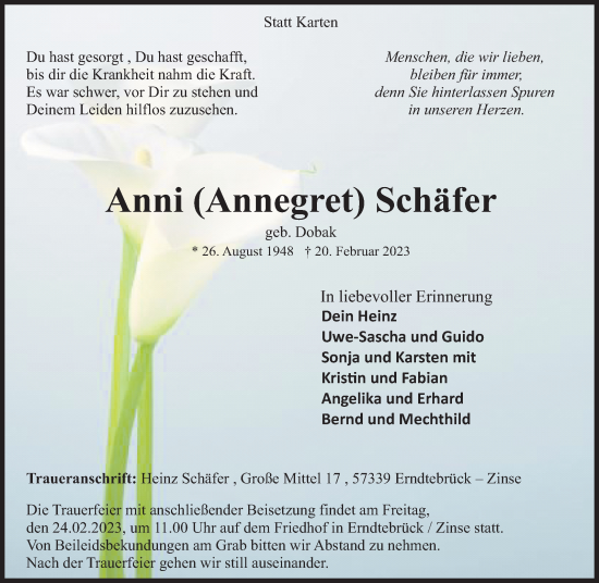 Traueranzeige von Anni  Schäfer von Siegener Zeitung