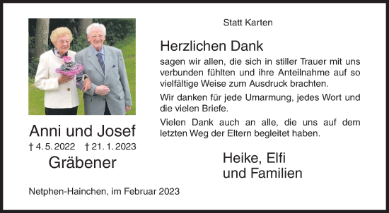 Traueranzeige von Anni und Josef Gräbener von Siegener Zeitung