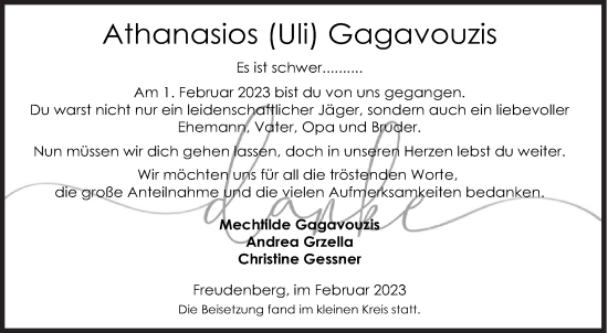 Traueranzeige von Athanasios  Gagavouzis von Siegener Zeitung