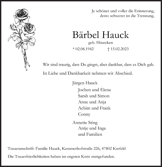 Traueranzeige von Bärbel Hauck von Siegener Zeitung