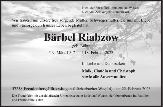 Traueranzeige von Bärbel Riabzow von Siegener Zeitung