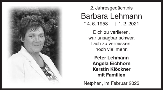 Traueranzeige von Barbara Lehmann von Siegener Zeitung