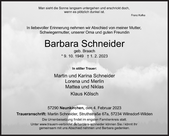 Traueranzeige von Barbara Schneider von Siegener Zeitung