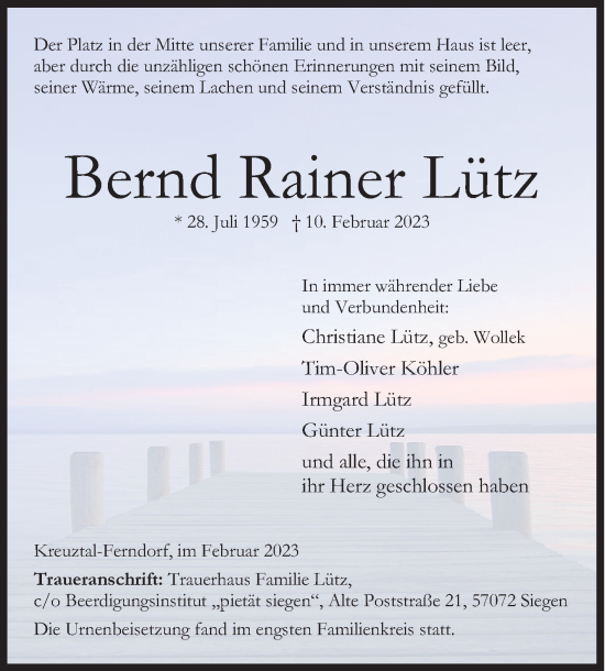 Traueranzeige von Bernd Rainer Lütz von Siegener Zeitung