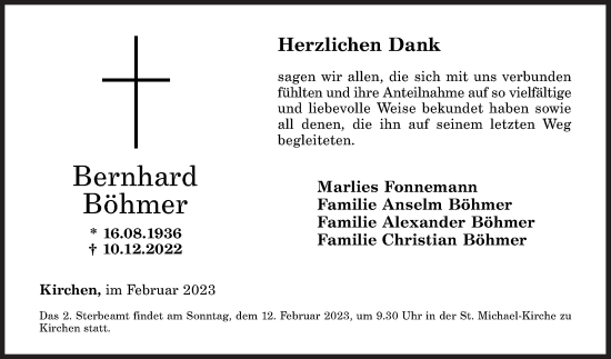 Traueranzeige von Bernhard Böhmer von Siegener Zeitung