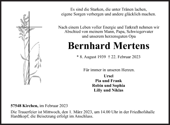 Traueranzeige von Bernhard Mertens von Siegener Zeitung