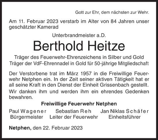 Traueranzeige von Berthold Heitze von Siegener Zeitung