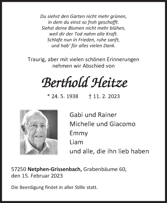 Traueranzeige von Berthold Heitze von Siegener Zeitung