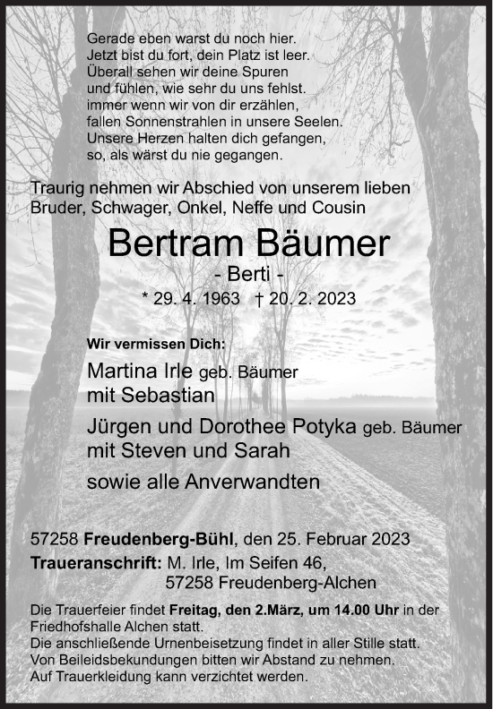Traueranzeige von Bertram Bäumer von Siegener Zeitung