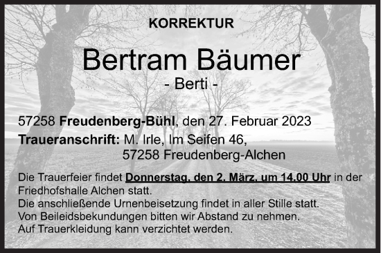 Traueranzeige von Bertram Bäumer von Siegener Zeitung