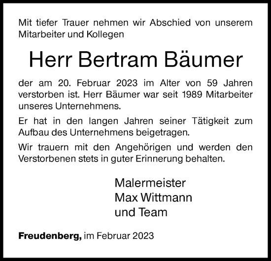 Traueranzeige von Bertram Bäumer von Siegener Zeitung