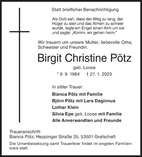 Traueranzeige von Birgit Christine Pötz von Siegener Zeitung