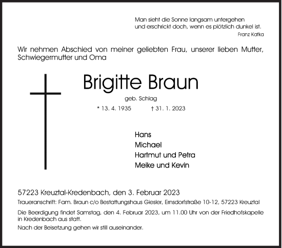 Traueranzeige von Brigitte Braun von Siegener Zeitung