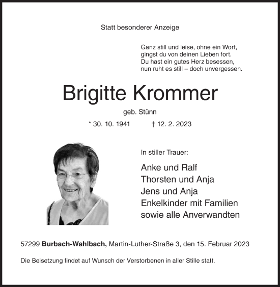 Traueranzeige von Brigitte Krommer von Siegener Zeitung