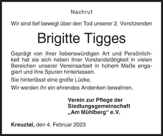 Traueranzeige von Brigitte Tigges von Siegener Zeitung
