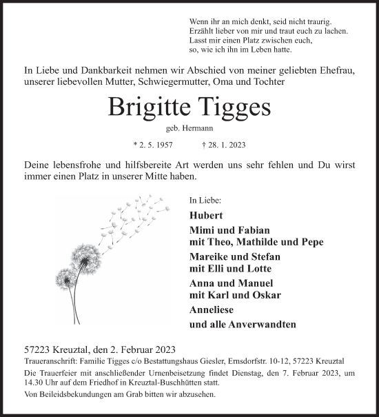 Traueranzeige von Brigitte Tigges von Siegener Zeitung