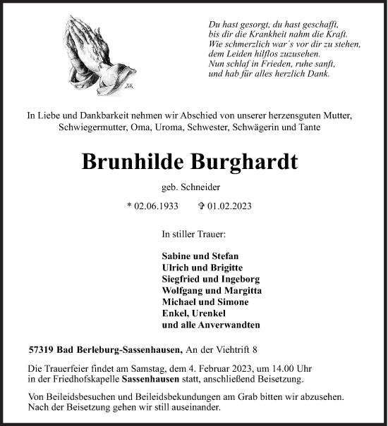 Traueranzeige von Brunhilde Burghardt von Siegener Zeitung