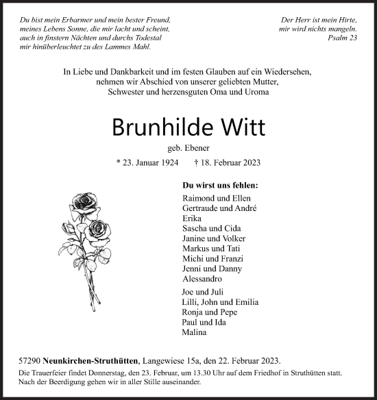 Traueranzeige von Brunhilde Witt von Siegener Zeitung