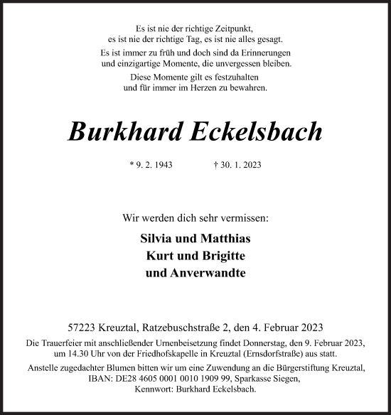 Traueranzeige von Burkhard Eckelsbach von Siegener Zeitung