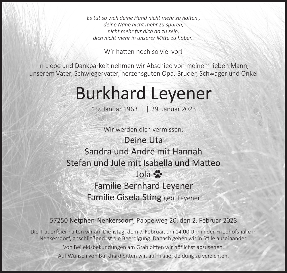  Traueranzeige für Burkhard Leyener vom 02.02.2023 aus Siegener Zeitung