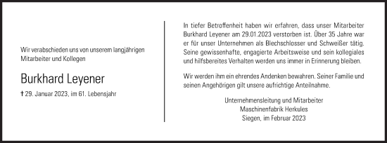 Traueranzeige von Burkhard Leyener von Siegener Zeitung