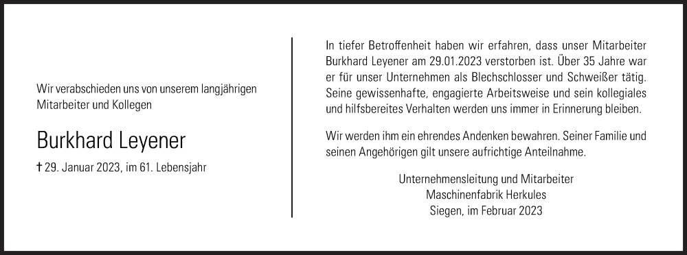  Traueranzeige für Burkhard Leyener vom 04.02.2023 aus Siegener Zeitung