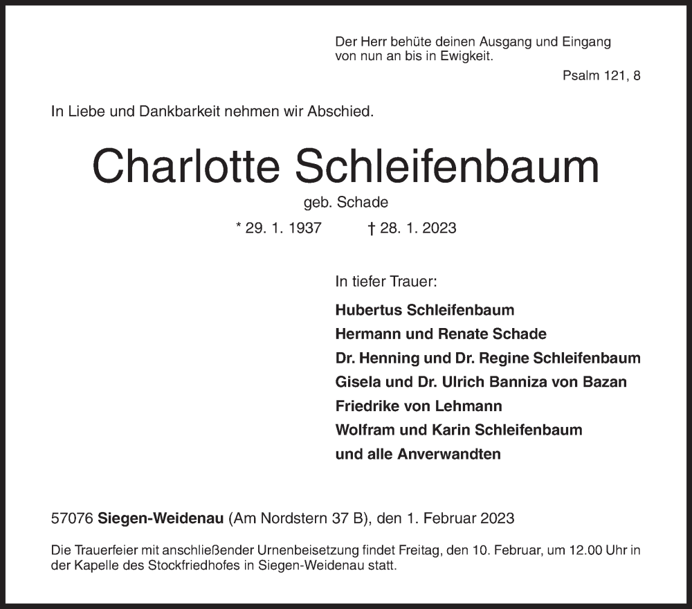  Traueranzeige für Charlotte Schleifenbaum vom 01.02.2023 aus Siegener Zeitung