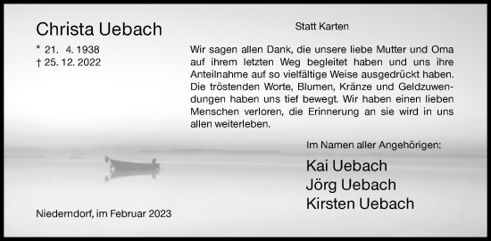 Traueranzeige von Christa  Uebach von Siegener Zeitung
