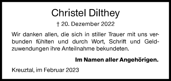 Traueranzeige von Christel Dilthey von Siegener Zeitung