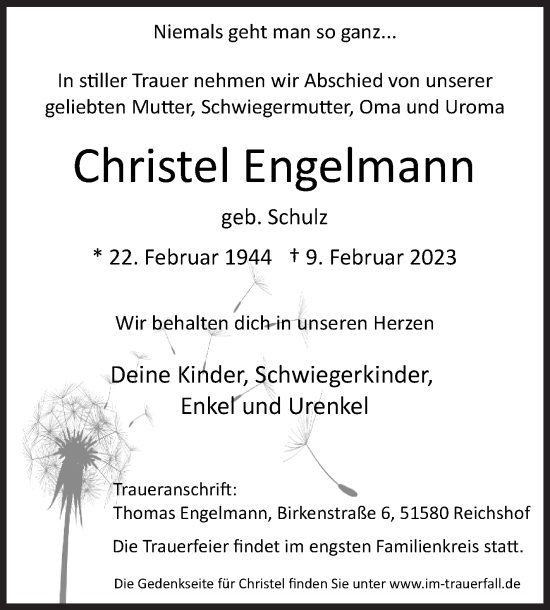 Traueranzeige von Christel Engelmann von Siegener Zeitung