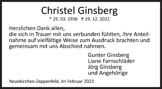 Traueranzeige von Christel Ginsberg von Siegener Zeitung