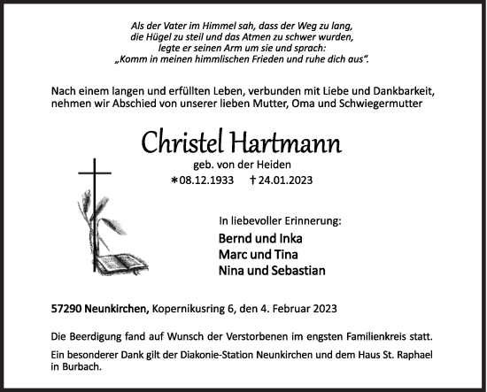 Traueranzeige von Christel Hartmann von Siegener Zeitung