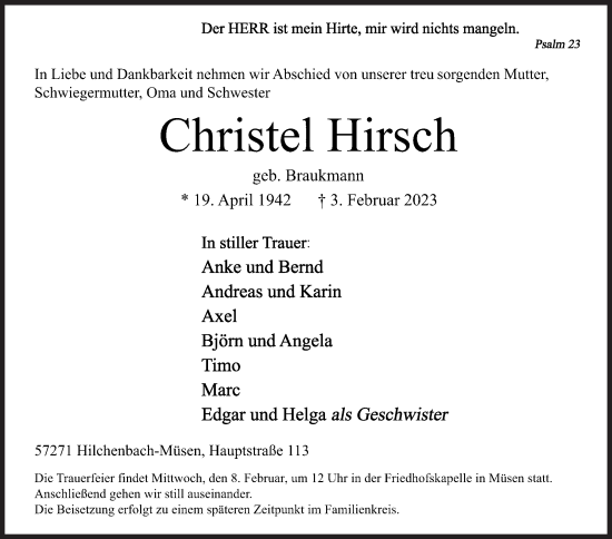 Traueranzeige von Christel Hirsch von Siegener Zeitung