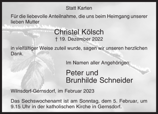 Traueranzeige von Christel Kölsch von Siegener Zeitung