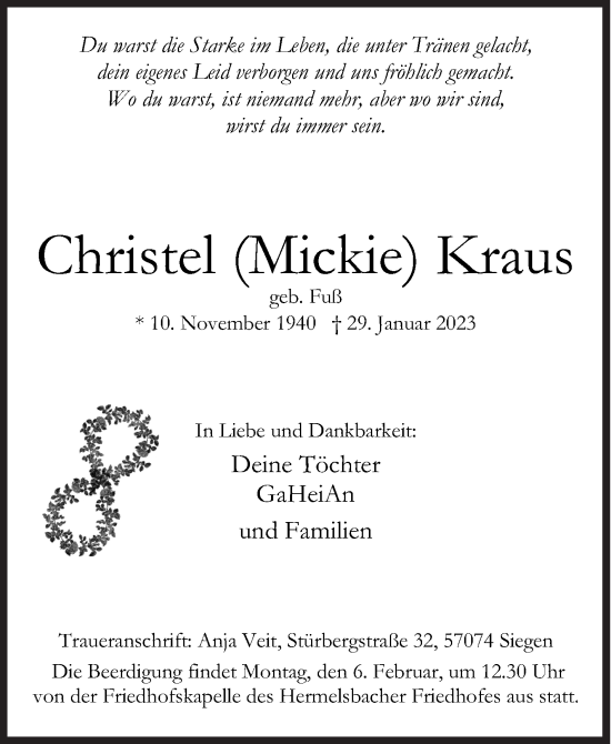 Traueranzeige von Christel Kraus von Siegener Zeitung