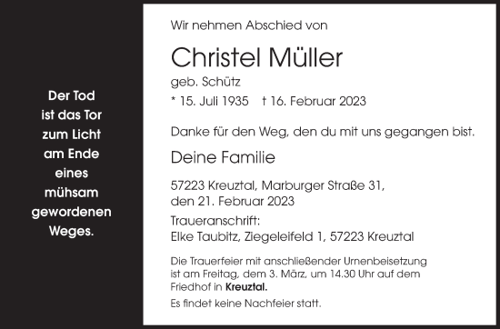 Traueranzeige von Christel Müller von Siegener Zeitung