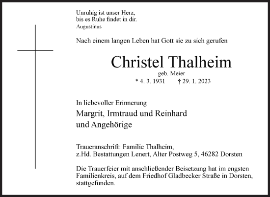 Traueranzeige von Christel Thalheim von Siegener Zeitung