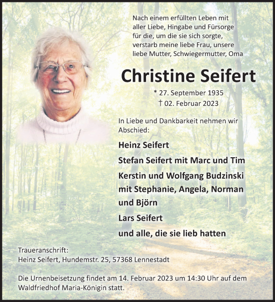 Traueranzeige von Christine Seifert von Siegener Zeitung
