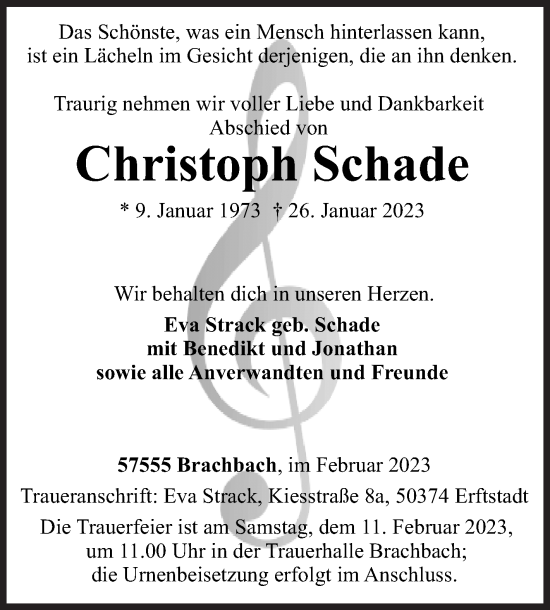 Traueranzeige von Christoph Schade von Siegener Zeitung