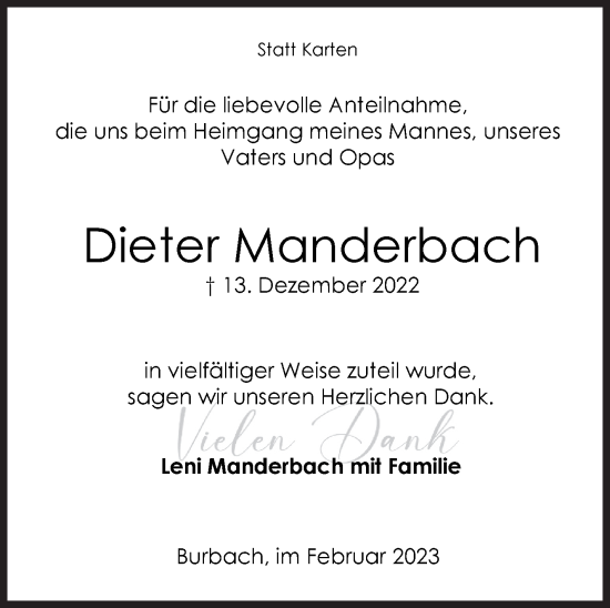 Traueranzeige von Dieter Manderbach von Siegener Zeitung