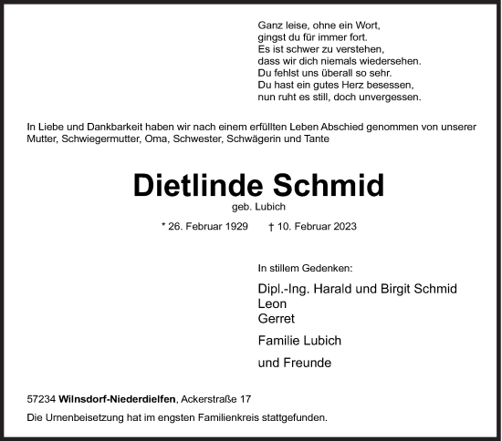 Traueranzeige von Dietlinde Schmid von Siegener Zeitung