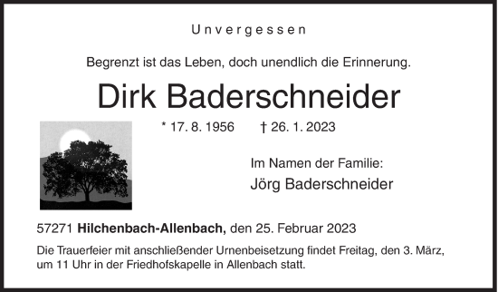 Traueranzeige von Dirk Baderschneider von Siegener Zeitung