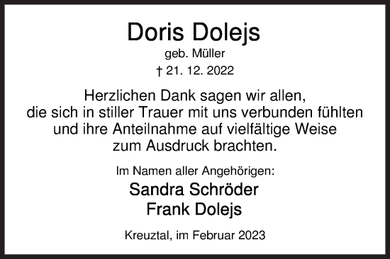 Traueranzeige von Doris Dolejs von Siegener Zeitung